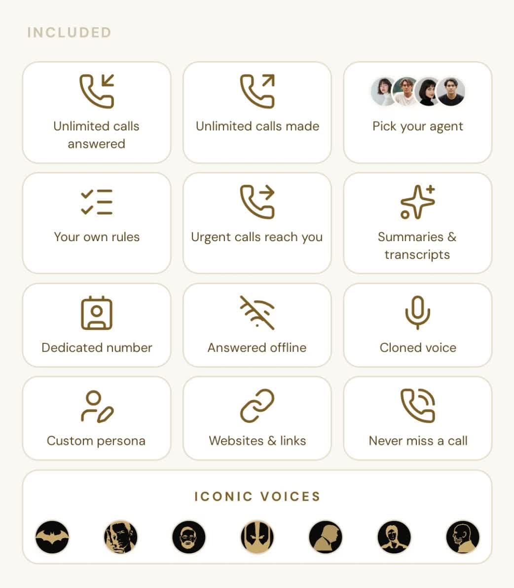 Android Premium plan screen showing its included calling, transcript, dedicated number, offline answering, cloned voice, persona, website link, missed-call, and iconic voice features.