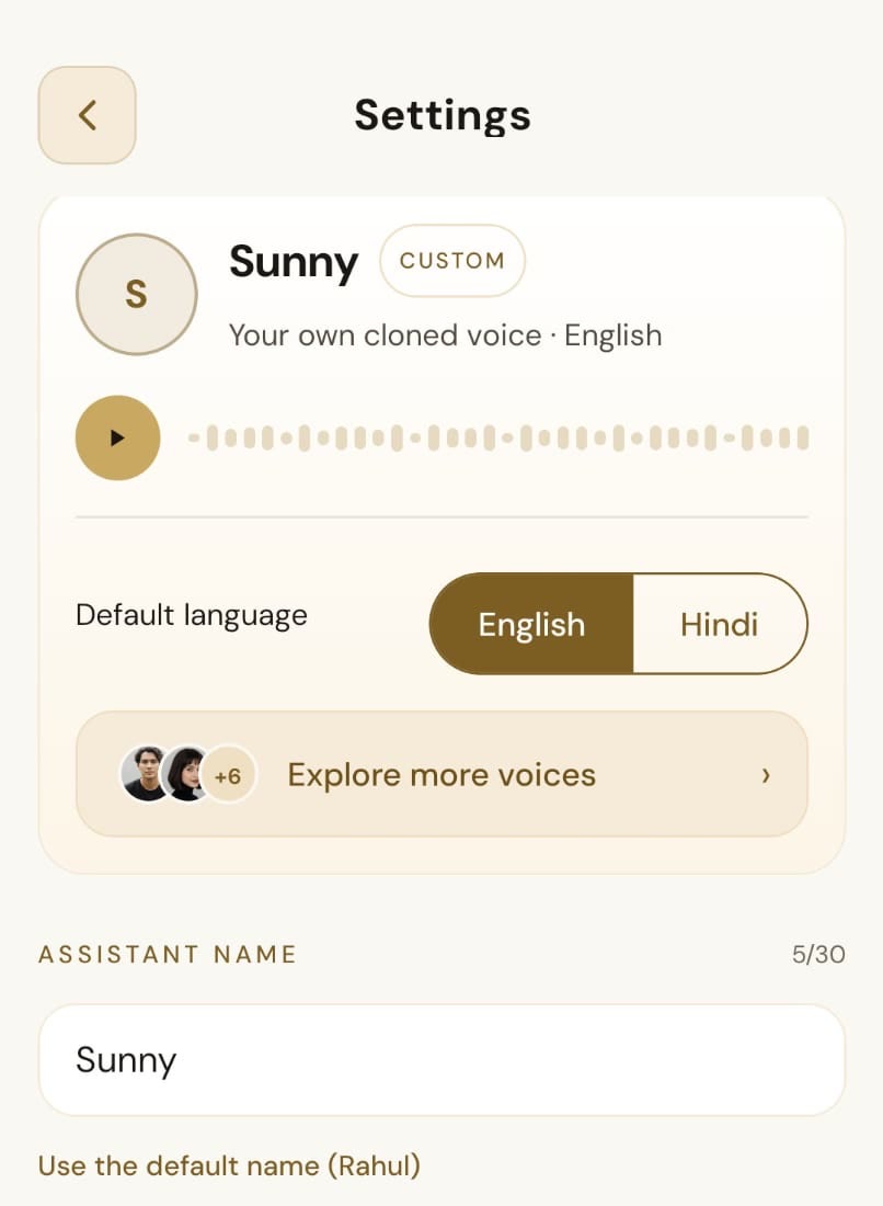 OsmO settings showing a custom assistant name, cloned voice, and language choices.