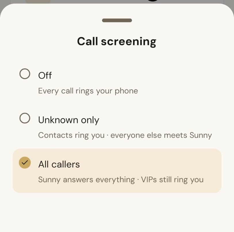 OsmO call-screening settings showing off, unknown-caller, and all-caller modes with a VIP List exception.