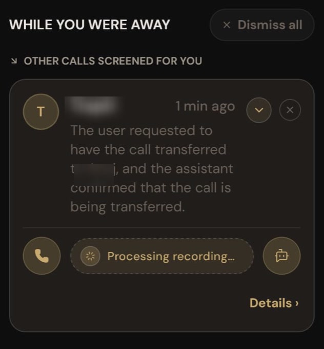 OsmO activity card confirming that a screened caller requested a transfer and the assistant is transferring the call back to the user.