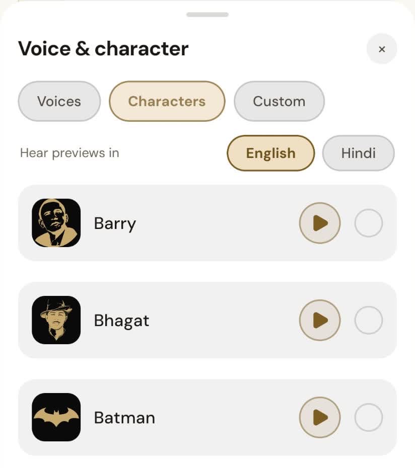 OsmO character voice selector with preview controls and English and Hindi filter tabs.