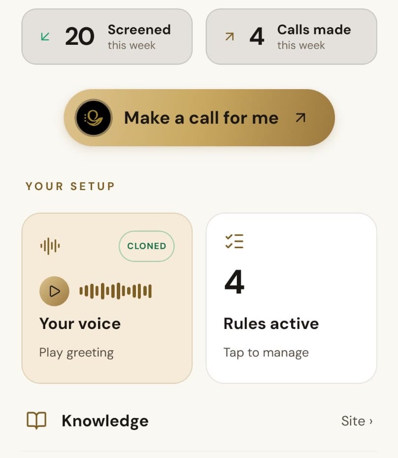 OsmO dashboard showing four active call-handling rules beside voice and Knowledge settings.