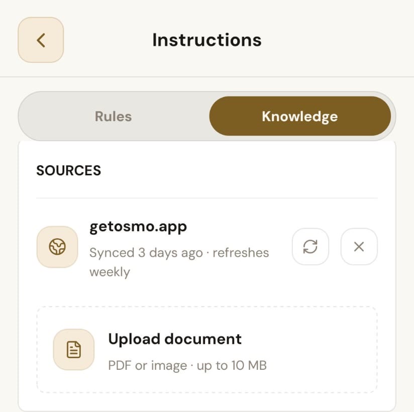 OsmO Knowledge settings showing a synced website source and PDF or image upload.