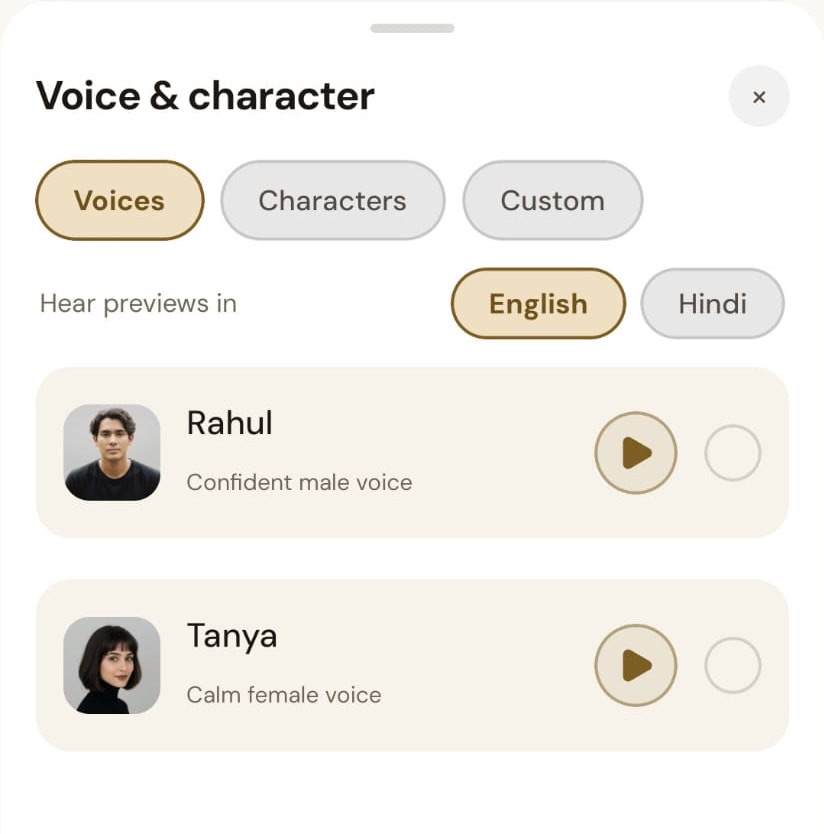 OsmO built-in voice selector with preview controls and English and Hindi filter tabs.